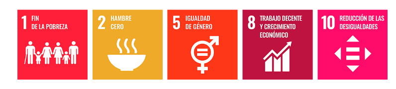 ODS1 Fin de la Pobreza, ODS2 Hambre Cero, ODS5 Igualdad de Género y ODS8 Trabajo Decente y crecimiento económico